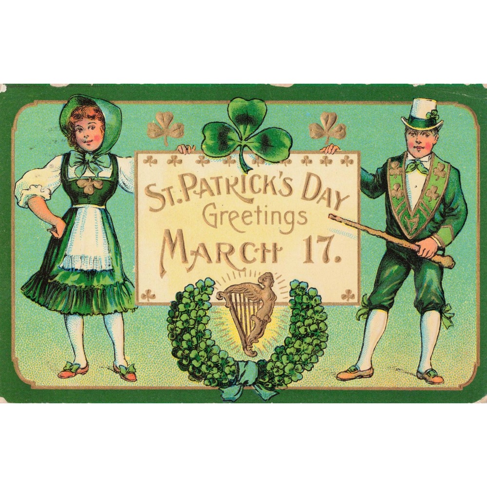 St Patricks Day Postcard Irish Couple Shamrocks Harp 1910 Embossed Antique